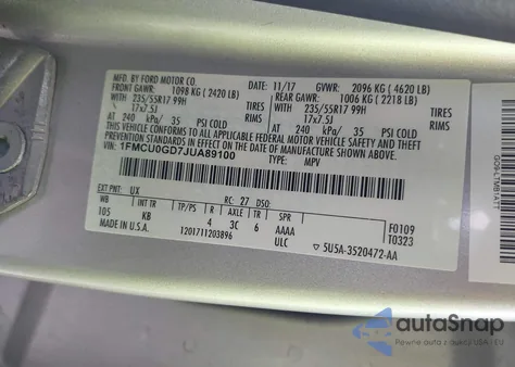 2018 Ford Escape Se z USA, uszkodzony, nr VIN 1FMCU0GD7JUA89100